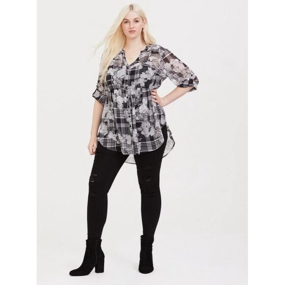 Torrid Emma Sheer Floral Plaid Chiffon Mandarin Collar Tunic Babydoll Blouse 1X - Picture 1 of 10
